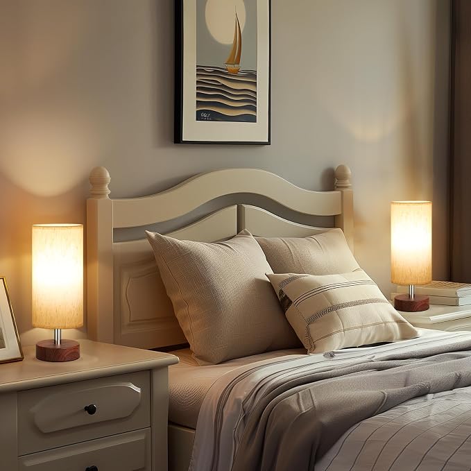 Table Lamps Set of 2 （Cream Shade - Walnut Base, 11.6" Inline Control）