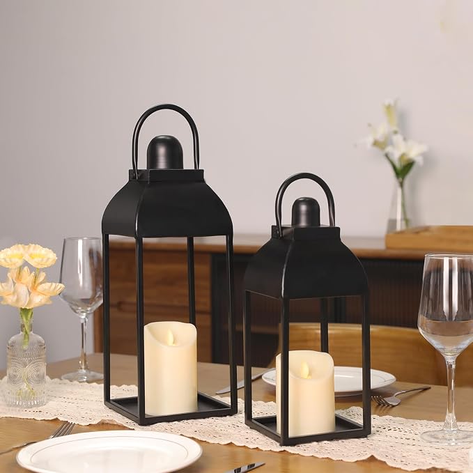 Lanterns Decorative Outdoor Indoor, 17'' 13'' Black Metal Outdoor Lanterns | Set of 2 Modern Farmhouse Candle Lantern Decor Rustic Lanterns Centerpieces for Patio, Front Porch, Mantel, Wedding, No Glass