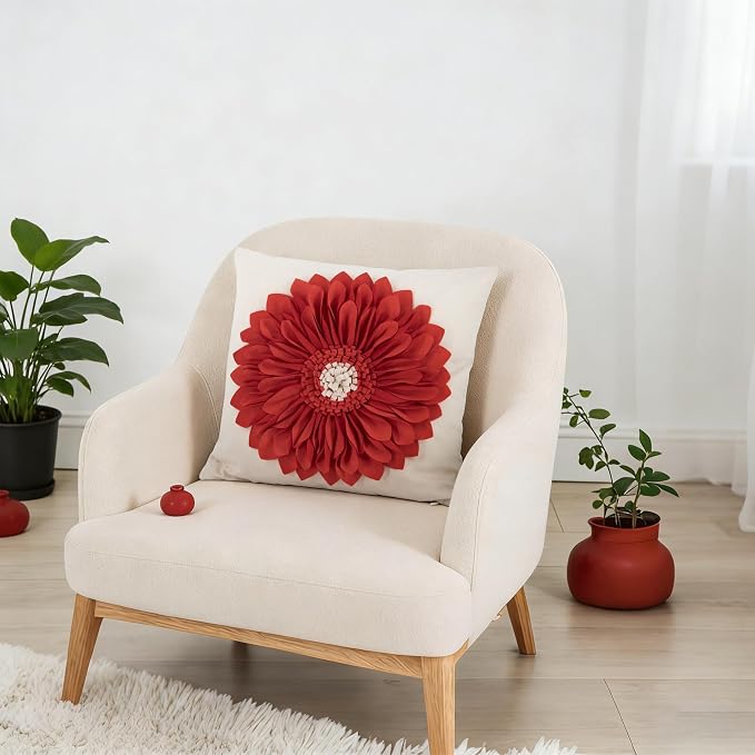 OiseauVoler Decorative Handmade 3D Flower Throw Pillow Covers 18 x 18 Inch | Accent Pillowcases Cushion Covers for Home Sofa Car Bed Room Decor Reddish orange Dog Hair Resistant