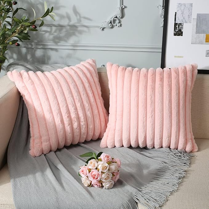 Soleebee Set of 2 Throw Pillow Covers Soft Cozy Velvet Pillowcase Faux Rabbit Fur Cover for Couch Sofa Bed Chair Home Decorative Pillows Cover (20x20 Inch, Pink)