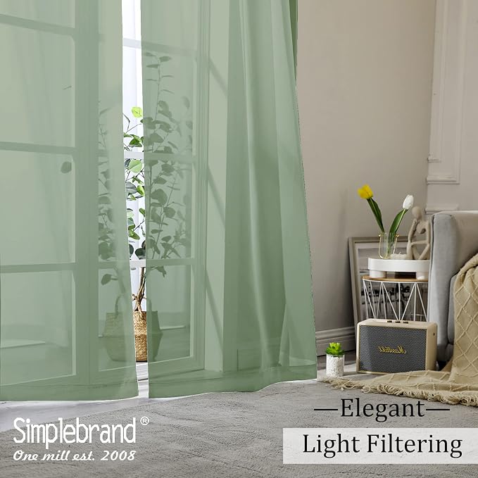 Simplebrand Sage Green Sheer Curtains, 72" Length, 2 Panels Set - Light Filtering, Rod Pocket Window Curtains for Bedroom (Sage Green, 59" W x 72" L)