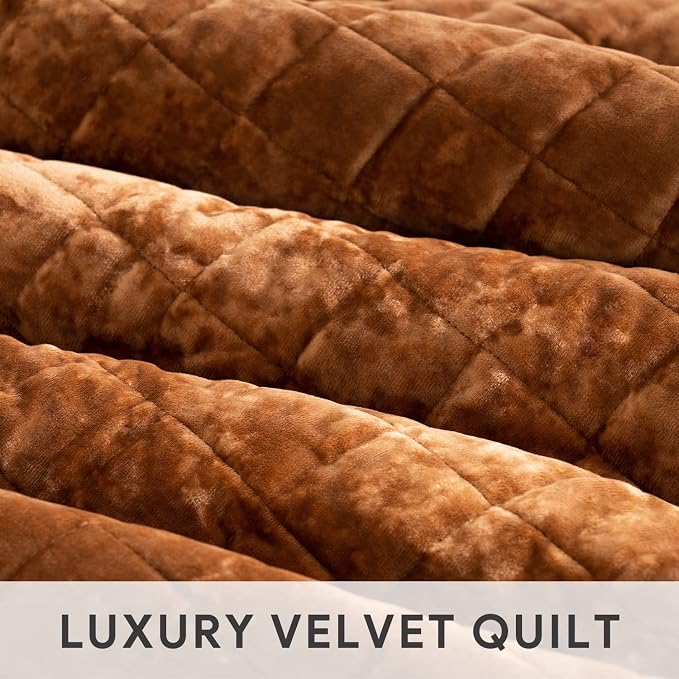 RECYCO Channel Box Stitch Velvet Quilt Set, Queen Size, Rusty Burnt Orange | Ultra Soft Lightweight Velvet Comforter, Luxury Oversized Bedspread Coverlet, Quilted Bedding Set for All Season with 2 Shams