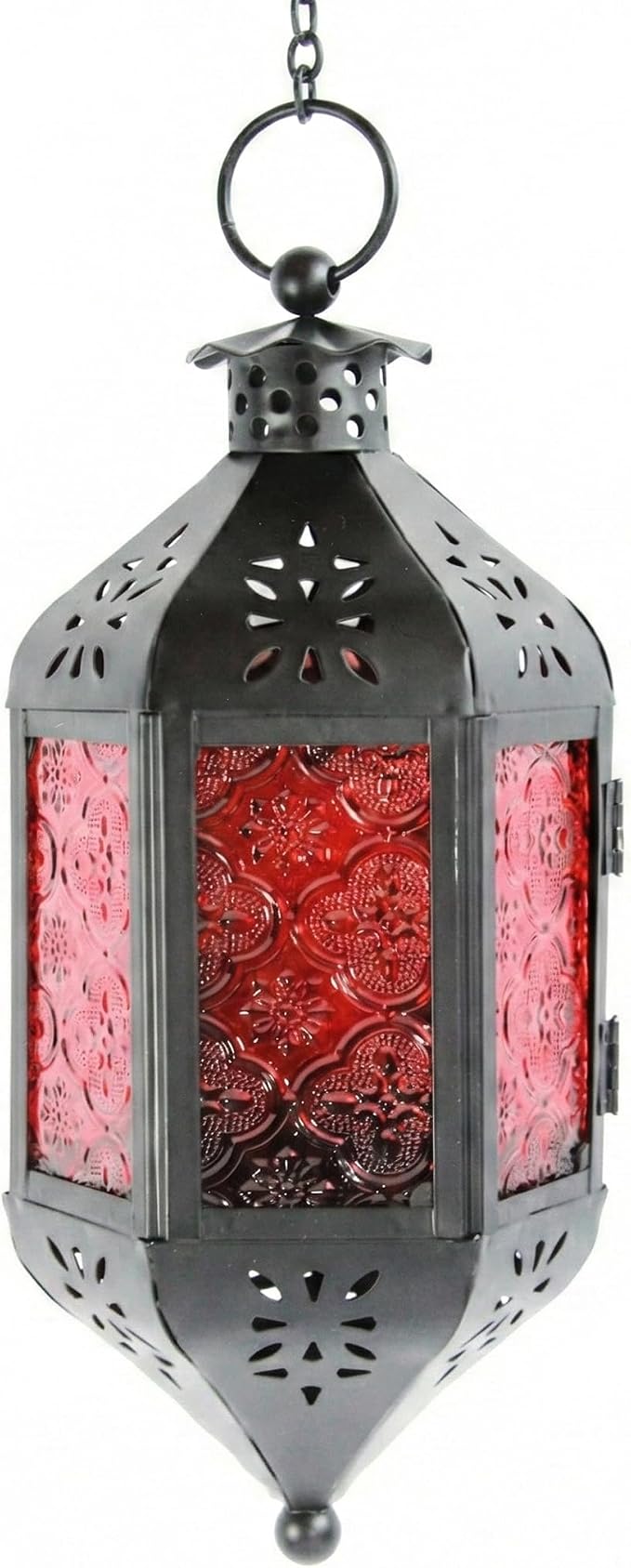 Vela Lanterns Hanging Moroccan Lamp - Exotic Decorative Patio & Porch Decor, Indoor Outdoor Tea Light Candle Lantern Holder with Chain (11" Medium, Red Glass)