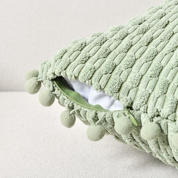 Fancy Homi Set of 2 Sage Green Lumbar Decorative Throw Pillow Covers 12x20 Inch with Pom-poms for Couch Bed Sofa, Modern Farmhouse Boho Home Decor, Soft Plush Corduroy Rectangle Cushion Case 30x50 cm