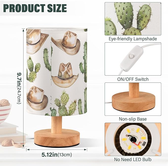 Bedside Table Lamp Western Cowboy Desert Cactus Nightstand Lamp with Wood Desk Lamps for Bedroom Living Room Nursery Office Home Decor