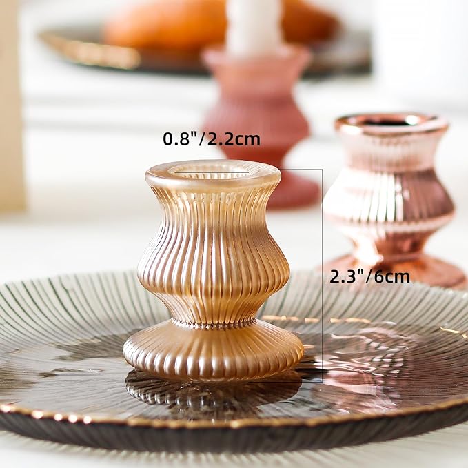 WDHODEC Pink Gold Candlestick Holders 12PCS Glass Taper Candle Holders for Table Centerpiece Colorful Candle Sticks for Spring Wedding, Party and Festival Decoration