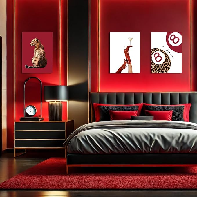 GELDSTEI Wrapped Canvas Trendy Red Cheetah Wall Art Set of 3, 16x24 in | Red Leopard Trendy Wall Decor, Boots Cheetah Lucky 8 Ball Art Prints, Trendy Modern Gift for Bedrooms and Fashion Lovers