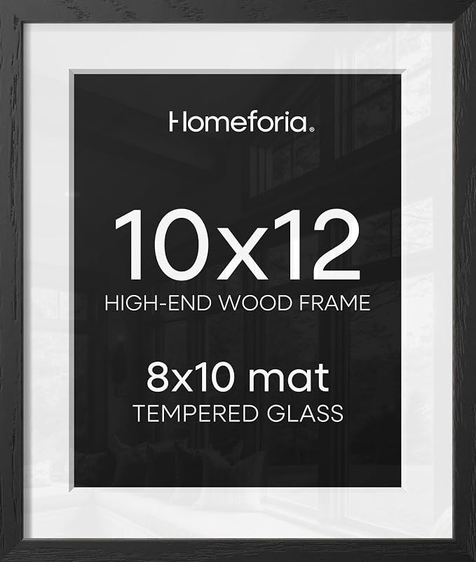 Homeforia 10x12 Black Oak Picture Frame, High-End Wood, 8x10 Mat, Glass