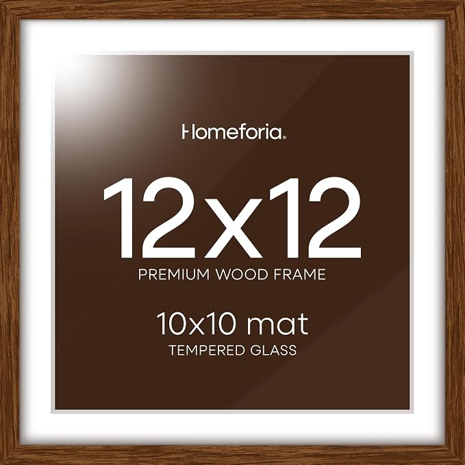Homeforia 12x12 Brown Oak Picture Frame, High-End Wood, 10x10 Mat, Glass