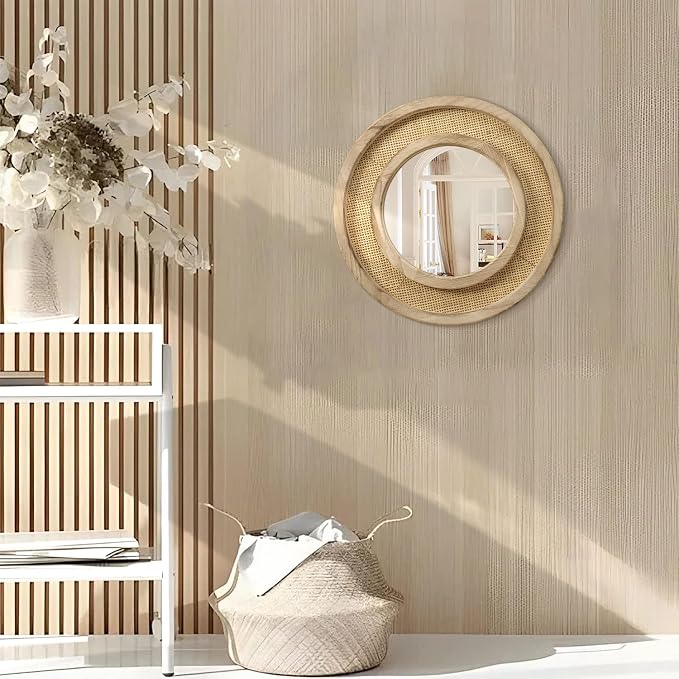 JJUUYOU Wood Mirror with Wood Frame Circle Mirrors for Wall 16 Inch Circular Hanging Mirrors for Living Room Bathroom Vanity Entryway Hallway Brown