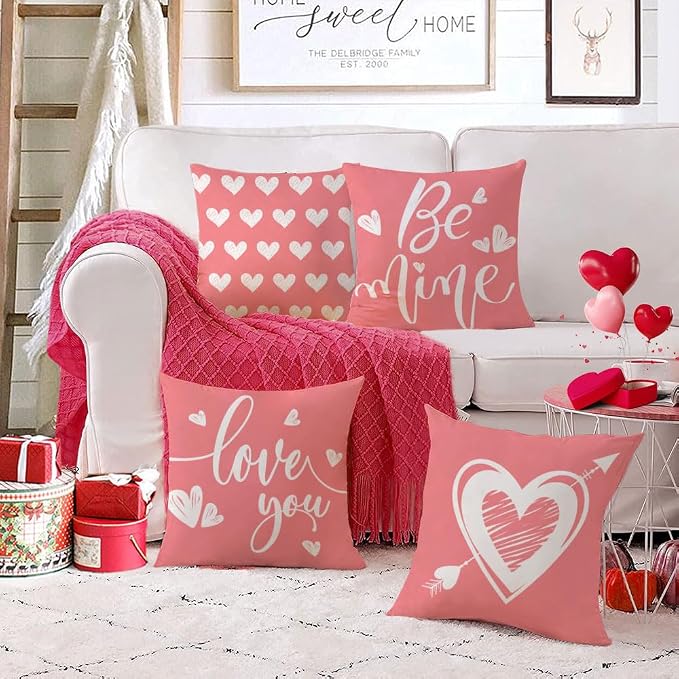 YeeJu Happy Valentines Day Pillow Covers 18x18 Set of 4 Pink Love Heart Kisses Hugs Throw Pillow Cases Velvet Wedding Anniversary Cushion Covers for Outdoor Couch Sofa Decoration(18 Inch)