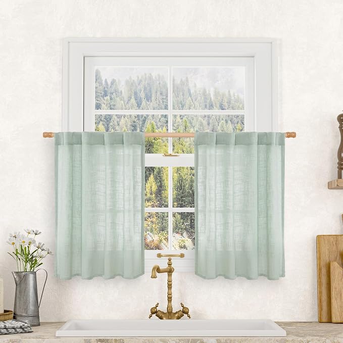 Short Window Linen Curtains 36 Inch Length 2 Panels, 34x36 Inch | Kitchen Window Over Silk, Semi Sheer, Light Filtering, Neutral Drapes for Bathroom, Rod Pocket Back Tab, Light Sage