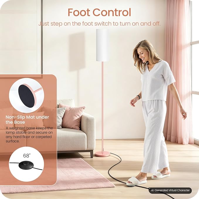 Slim Floor Lamp for Living Room with Magnetic Remote and Foot Switch, Dimmable Mood Lamp for Bedroom Nursery, 3 Color Temperatures, 1-Hour Timer, 900LM LED Bulb & Batteries Included, Pink PCW06LD05W1