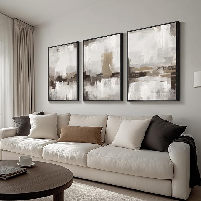 Large Framed Neutral Abstract Wall Art for Living Room, Set of 3 24x36 In | Tan beige brown pictures, Canvas prints, Wood frame, Modern minimalist paintings, Artwork, Wall decor for hallway bedroom