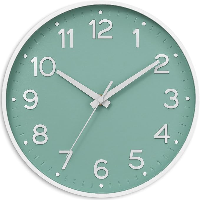 Roymnie 8 Inch Wall Clock, Battery Operated Silent Non Ticking Analog | Mint Green modern analog; large 3D easy-read dial for kitchen, office, bathroom & bedroom; 1 AA battery (not included)