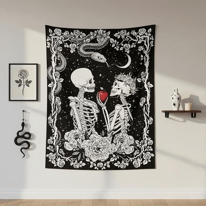 Accnicc Skeleton Lovers Tapestry Gothic Skull Vertical Tapestries Wall Hanging Black and White Floral Plant Snake Horror Small Tapestry for Bedroom Living Room Dorm 48 x 36 inch