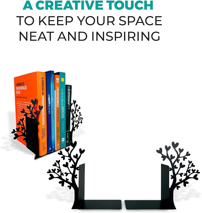 Tree Bookends with Heart-Shaped Leaves - Steel with Epoxy Coating and Wood Base - Decorative Pair of Book Holders for Shelves and Desk - Black – Geguton