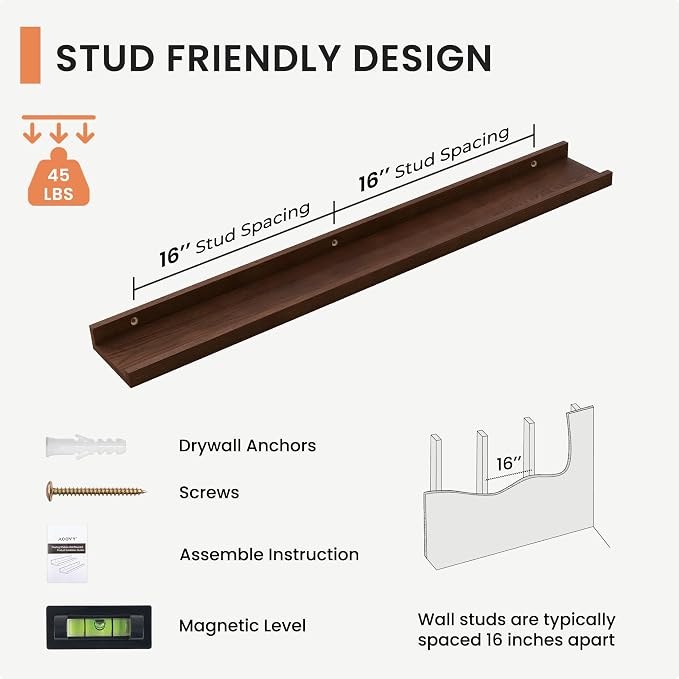 FLYJOE Picture Ledge Shelf for Wall, 36 inch Solid Ash Wood Nursery Book Shelves 2 Packs, Floating Shelves for Kids' Room Bedroom Bathroom Living Room Photo Frames Office Nursey Wall Decor, Walnut