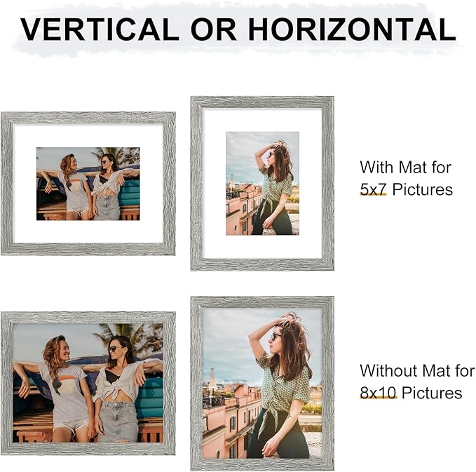Vittanly 8x10 Picture Frames Set of 9 for Wall or Tabletop Display, Grey | Display Pictures 5x7 with Mat or 8x10 without Mat, Small Photo Frames, Engineered Wood with Shatter Resistant Plexiglass