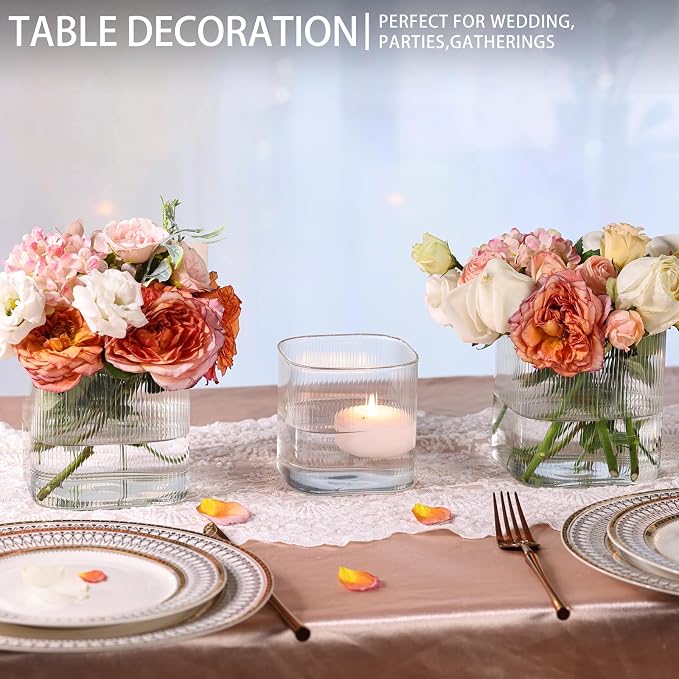 Square Clear Glass Vases Set of 6, 5" x 5" x 5" Flower Vases for Centerpieces, Square Vase for Centerpieces, Small Ribbed Flower Vases for Wedding, Party, Home Office Decoration