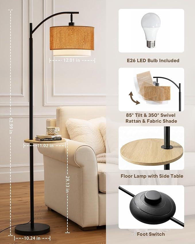 PESRAE Rattan Floor Lamp for Living Room, Farmhouse Arc Standing Lamp