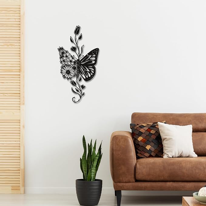 Rajukit Butterfly Flower Metal Wall Art Black for Living Room | Modernist bohemian style hanging ornament versatile for bathroom bedroom living room black finish butterfly flower design