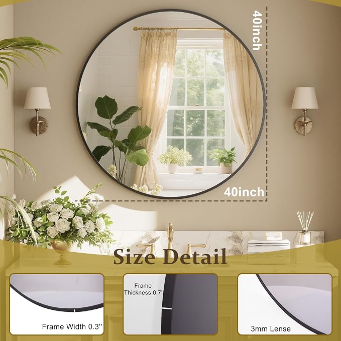 XRAMFY 42 Inch Round Black Metal Wall Mirror, Circle Mirror for Entryway | Stylish Circle Mirror for Bathroom, and Living Room Decor Matte Black Circle Wall Mirror
