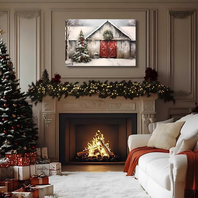 Vintage Christmas Barn Wall Art 12x18inch, Retro Winter Snow Landscape Holiday Xmas Artwork Poster Framed Christmas Tree Wall Decor for Home Farmhouse Bedroom Gallery Decorations