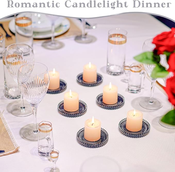 6 PCS Glass Pillar Candle Holder Plates, Black Crystal Candle Dish
