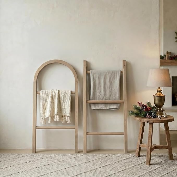 Wooden Blanket Ladder - Natural & Motley Wood - Leaning Wall Decor for Bedroom, Bathroom, Living Room - Rustic Quilt Holder & Towel Rack (Brown-Curved, 76in（5-Tier）)