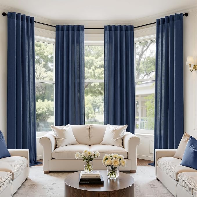 MIULEE Navy Blue Back Tab Linen Curtains 4 Panels 42W x 84L | Linen material, light filtering, rod pocket back tab hanging, farmhouse decor for living room bedroom