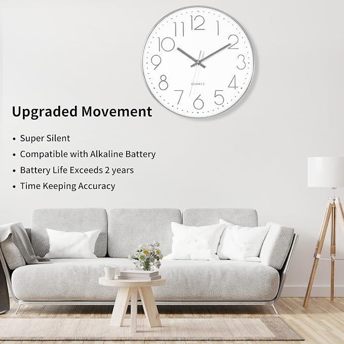 Foxtop Large 14" Wall Clock Silent Battery Operated Clock, Silver | Non-Ticking, Round, Analog Clock, Quartz, Easy to Read, Living Room, Bedroom, Kitchen, Office