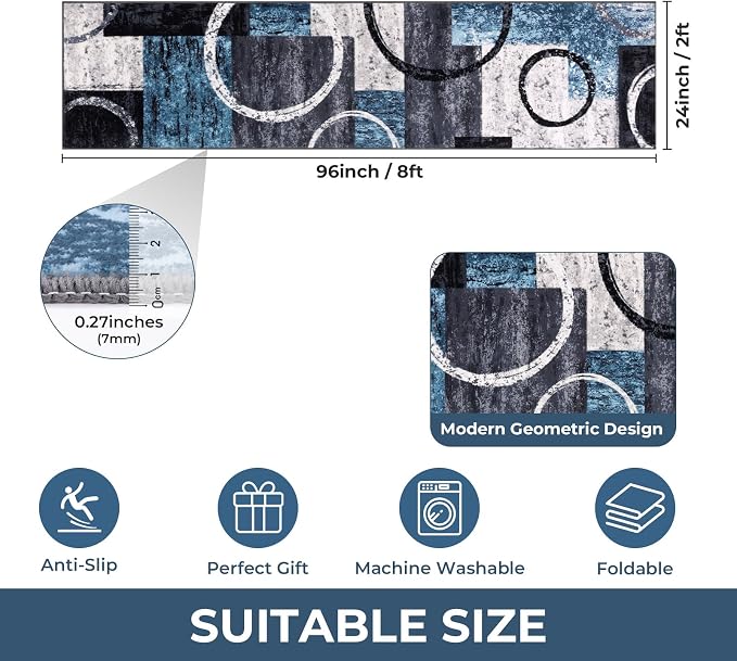Yamaziot 2x8 Washable Modern Abstract Runner Rug Non-Slip for Hallways | Stain Resistant Kitchen Rug with Rubber Backing, Low Pile, Ultra Soft Carpet Runner for Bedroom, Laundry, Entryway, Blue