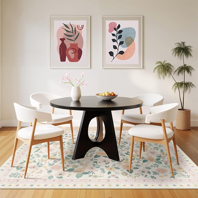 Washable Floral Area Rug for Living Room 6x9 Light Beige | Non-Slip，Vacuum-Friendly, Low Pile, Flower Carpet for Bedroom Kitchen Entryway Dining Room Office Nursery