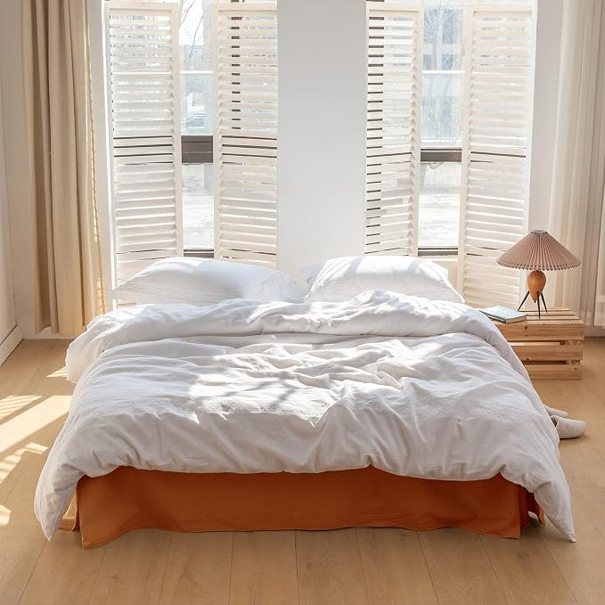 BISELINA French Linen Bed Skirt with Pleated Corner 14-Inch Tailored Drop Natural Flax Cotton Blend Basic Dust Ruffle Soft Cozy Farmhouse Bedding (14" King, Basic Rust)
