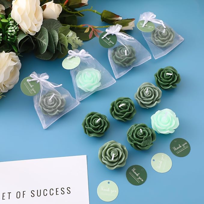 Treela 24 Set Rose Flower Candles, Sage Green Wedding Favors for Guests