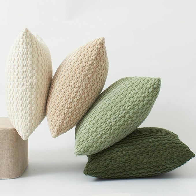 Kevin Textile Spring Throw Pillow Covers Pack of 4 Spring Super Soft Boho Corduroy Decorative Pillow Covers Cases Solid Color Plush Texture Throw Pillows for Sofa Couch Chair 18x18 Inch, Green