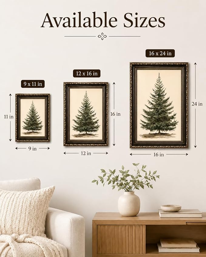 Framed-Vintage Christmas Tree Wall Art, 16×24 Inch | Farmhouse Winter Pine Canvas Prints, Holiday Wall Decor for Living Room Bedroom