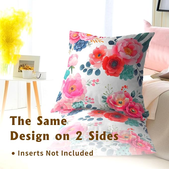 Watercolor Peony Throw Pillow Covers 20x20 Inch Set of 2 Pink Floral Girly Green Leaves Decorative Pillow Case Spring Summer Flower Square Cotton Cushion Cover for Home Couch Bed