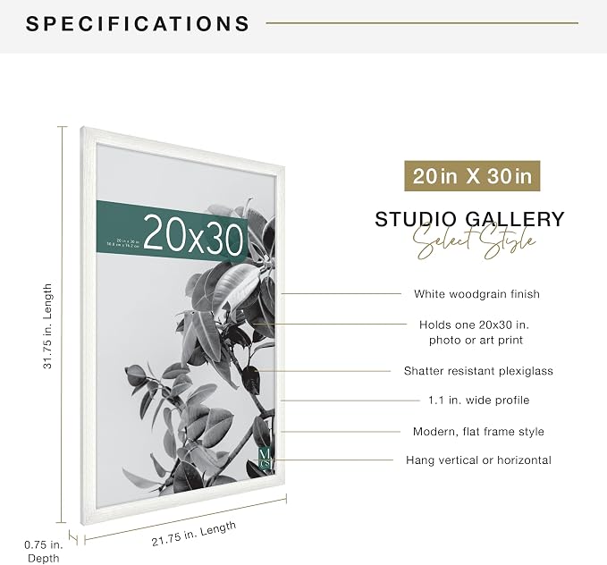 MCS Studio Gallery Poster Frame, 20x30, White Woodgrain, 1-Pack
