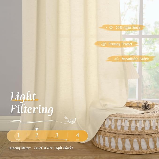 Beige Semi Sheer Linen Curtains 84 inches for Living Room 2 Panels | Light Filtering, Neutral, Privacy Protected, Linen Textured, Soft, Drapes for Bedroom, Farmhouse, Rod Pocket, 52 x 84 Inch