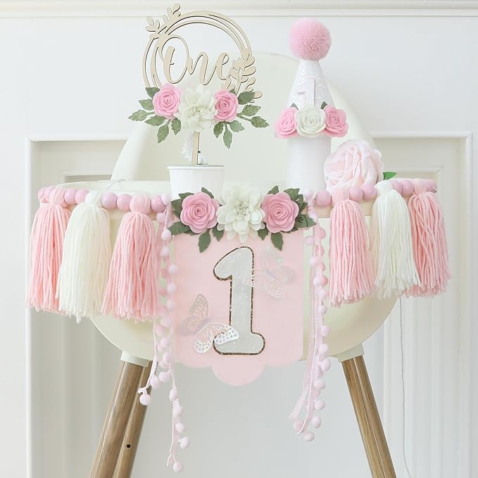 JUIIZAY Pink Flower First Birthday Party Decorations for Girl Butterfly Highchair Banner Hat One Floarl Cake Topper 1st Party Decor