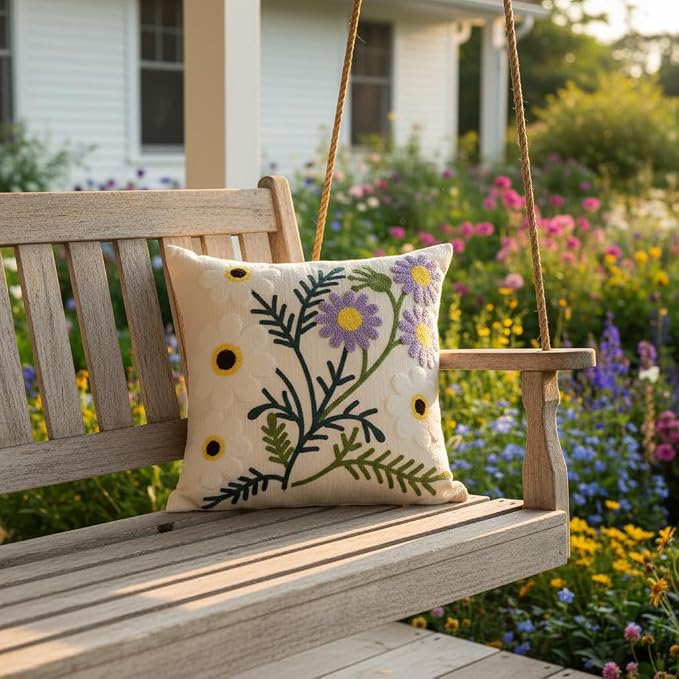 Embroidered Throw Pillow Covers 18x18 Pack of 2 Floral Pillow Covers Farmhouse Pillow Case Outdoor Garden Cushion Case Summer Decorations for Home (Purple and White Flower)