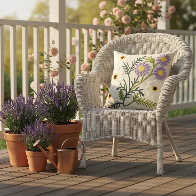 Embroidered Throw Pillow Covers 18x18 Pack of 2 Floral Pillow Covers Farmhouse Pillow Case Outdoor Garden Cushion Case Summer Decorations for Home (Purple and White Flower)