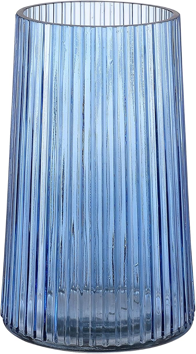 Blue Glass Vase for Flower, Flower Vase for Bouquet, Modern Glass Vases, Ribbed Vases for Living Room, Bedroom, Dining Table, Office, Wedding, Centerpieces, 8 Inches