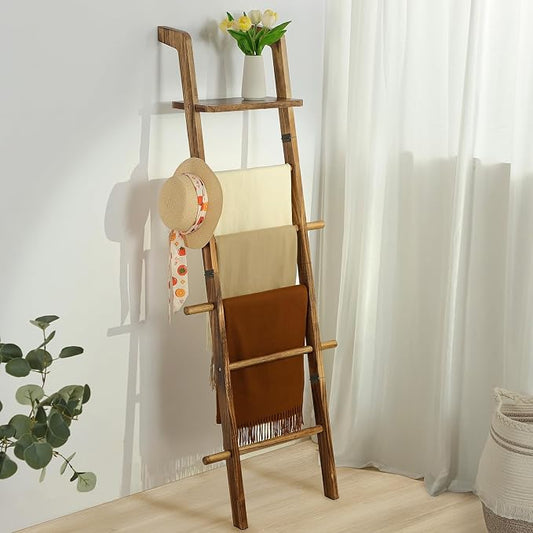 Taozun Wooden Blanket Ladder with Shelf for the Living Room, Total 6-tier | 67-Inch Farmhouse Blanket Rack with 5 Pegs for Towels, Quilt and Throws, Wood Blanket Holder for Organization and Display