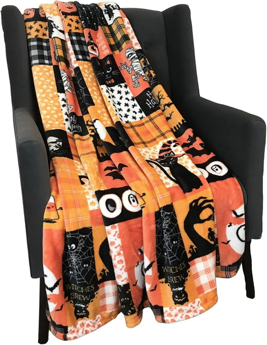 Halloween Fleece Throw Blanket, Patchwork Witch & Haunted House, 50x60 in | Ultra-soft cozy flannel fleece, for sofa couch bed chair & dorms, spooky Halloween décor, durable and machine washable.