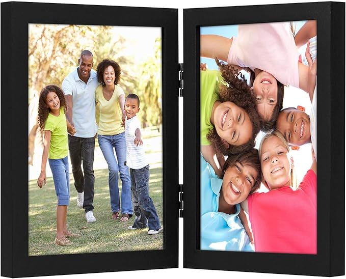 Americanflat Hinged 8x10 Picture Frame with Shatter-Resistant Glass - Double Picture Frames with Engineered Wood - Signature Collection - Photo Frame for Tabletop Display - Black