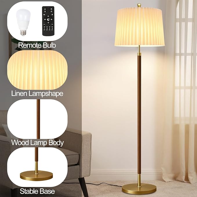 AHDWDW Gold Floor Lamp for Living Room,Mid-Century Modern Floor Lamps with Remote,Farmhouse Boho Floor Light with Dual Fabric Shade,Dimmable Standing Tall Lamp for Bedroom Corner Reading Office