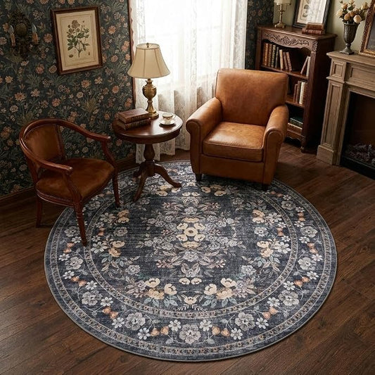 GarveeHome 5ft Washable Round Rug for Dining Vintage Throw Rug | Distressed Bordered Leaf and Flower Floral Bedroom Carpet Low Pile Non-Slip Blue Area Rug for Living Room Office Nursery